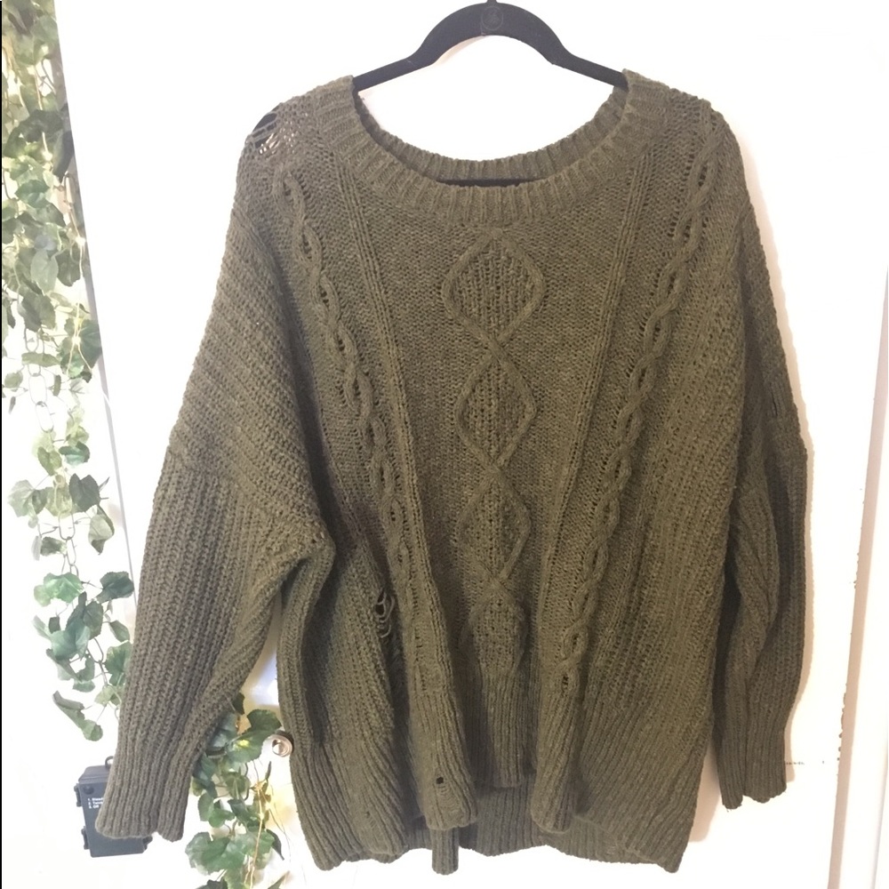 LUCKY BRAND GREEN DESTRESSED SWEATER